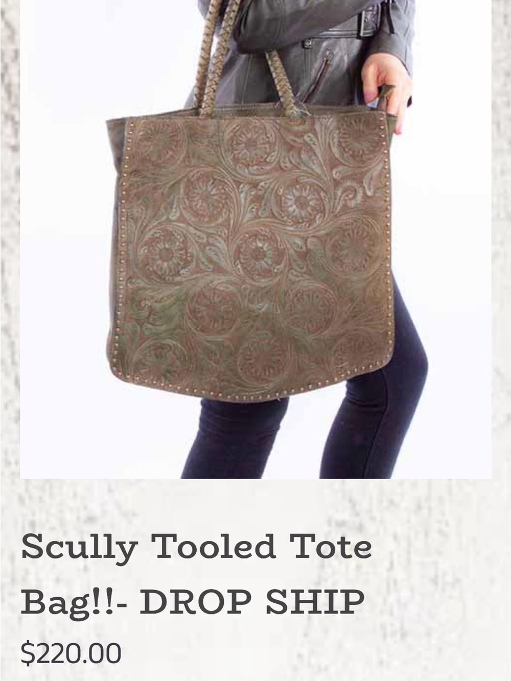Hand-Tooled Floral Leather Tote Bag - Brown Olive SCULLY - Picture 2 of 8
